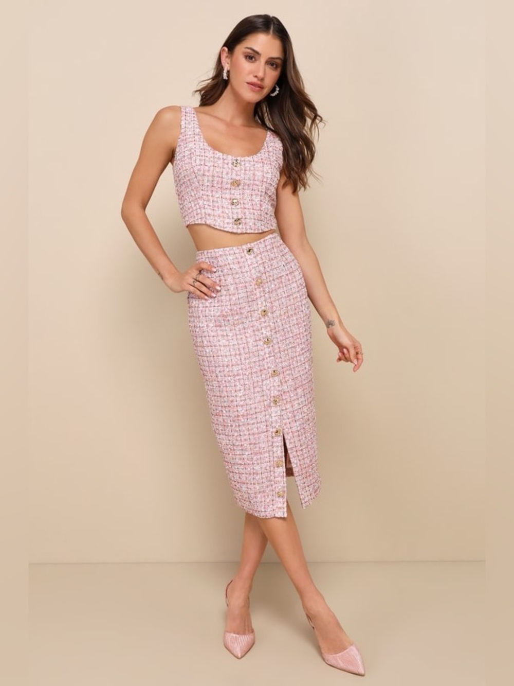 NWT Lulu's Pink Tweed Button-Front Pencil Skirt and Crop top